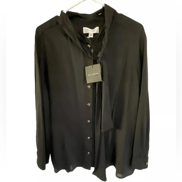 ST JOHN Black Button Up Blouse Sheer Long Sleeve Size XL Business Preppy New - Picture 8 of 8